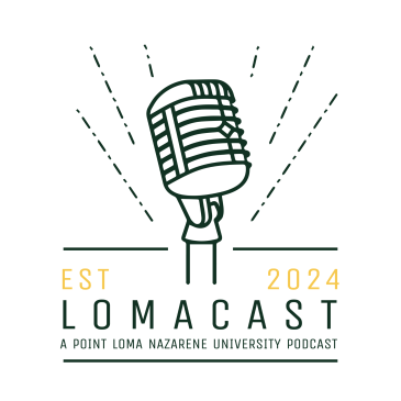 Icon graphic of the Lomacast Podcast that includes a podcast microphone in the center with the established year (2024) and university name listed around the visual.