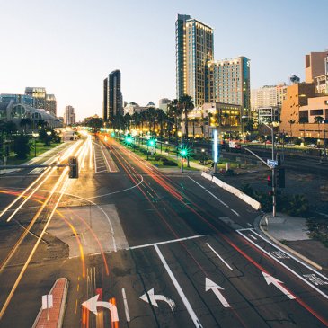 A downtown long exposure shot of San Diego at sunset