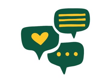 Graphic of text boxes with lines, a heart, and dots inside.